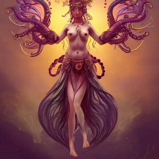 Image similar to Full body photo of the most beautiful goddess, she has a jellyfish-phoenix head's and a siren body, some tentacles are touching her, she flying to heaven through the clouds, she is swimming and leading some chrysaora hysoscella with smoke behid her, by Tooth Wu, trending on Artstation, digital art, symmetrical artwork, cinematic, hyper realism, high detail, octane render, 4k, 8k