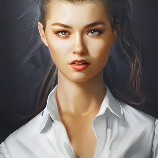 Image similar to a painting of a woman in a white shirt, a character portrait by Artgerm, cg society contest winner, fantasy art, reimagined by industrial light and magic, poster art, concert poster