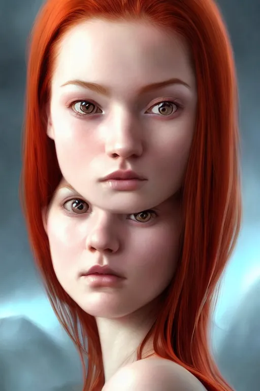 Image similar to ultra realistic style illustration of a cute red haired young woman with a smirky face, 1 9 year old, headshot, sci - fi, fantasy, intricate, elegant, digital painting, artstation, concept art, smooth, sharp focus, illustration, 8 k frostbite 3 engine, ultra detailed, art by artgerm and greg rutkowski and magali villeneuve