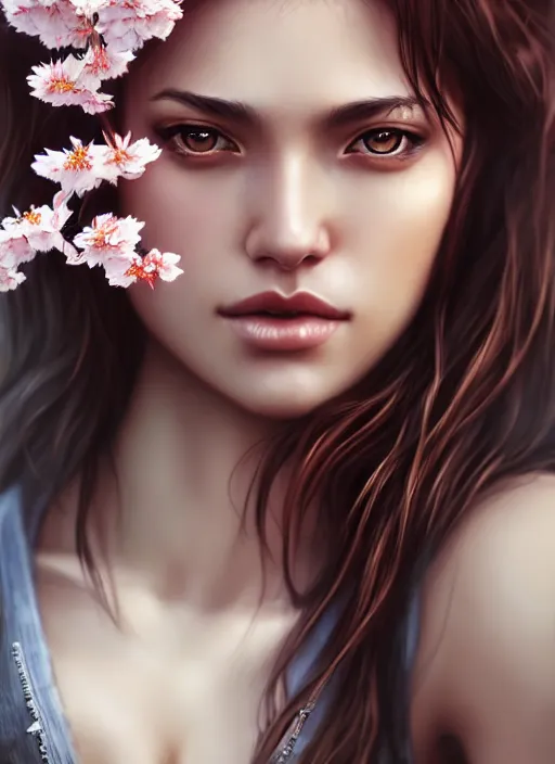 Image similar to photo of a gorgeous female with messy hair in the style of stefan kostic, realistic, body shot, sharp focus, 8 k high definition, insanely detailed, intricate, elegant, art by stanley lau and artgerm, cherry blossoms