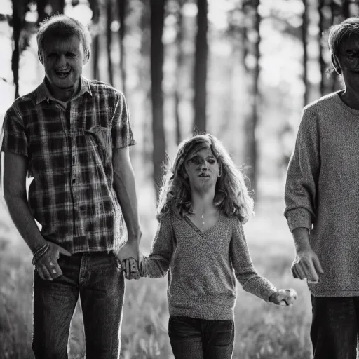 Image similar to a family who are built out of wood, 5 0 mm lens, f 1. 4, sharp focus, ethereal, emotionally evoking, head in focus, volumetric lighting, 8 k