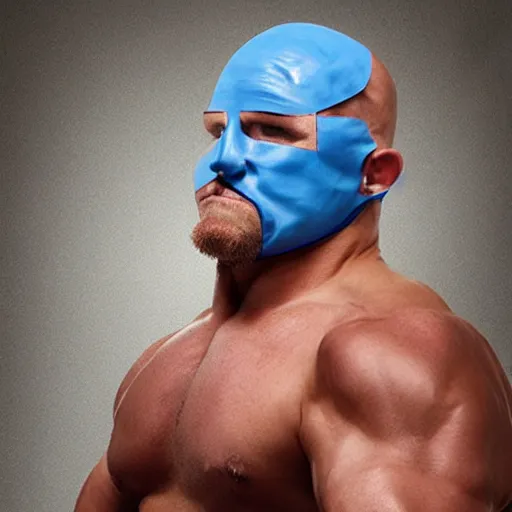 Image similar to muscular wrestler, bald, eyepatch, blue mask covering mouth, realistic,