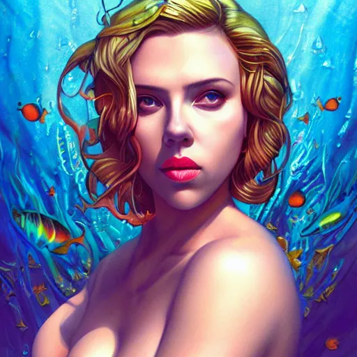 Prompt: lofi mermaid portrait of scarlett johansson in bikini, Pixar style, by Tristan Eaton Stanley Artgerm and Tom Bagshaw.