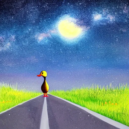 Image similar to a lonely duck walking on the road and looking up at the sky, milky way, starry sky, art station trend