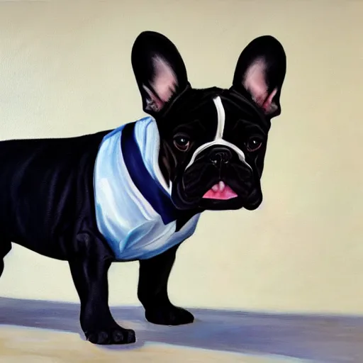 Image similar to oil painting of a french bulldog wearing businessman attire