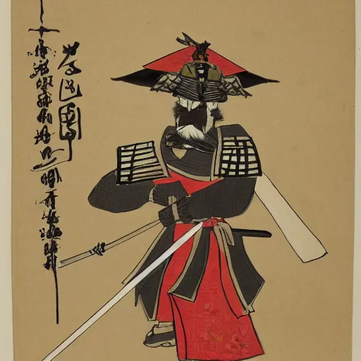 Image similar to samurai with helmet and sword in fighting position, asian styled house in background