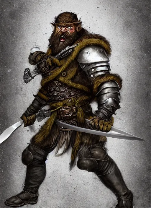 Image similar to strong young man, photorealistic bugbear ranger holding aflaming sword, black beard, dungeons and dragons, pathfinder, roleplaying game art, hunters gear, jeweled ornate leather and steel armour, concept art, character design on white background, by alan lee, norman rockwell, makoto shinkai, kim jung giu, poster art, game art