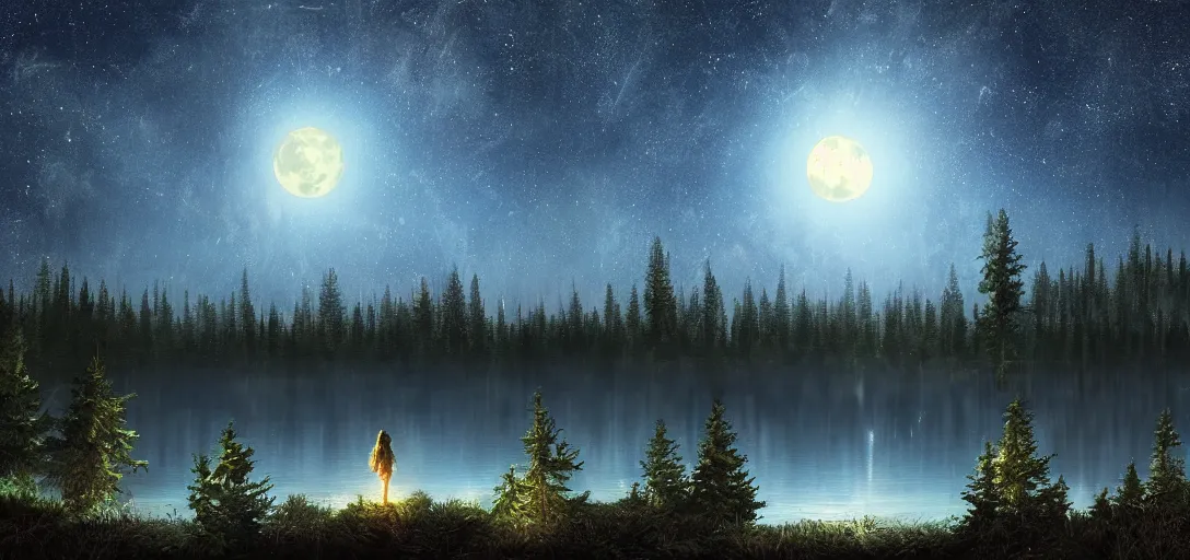 Image similar to full moon shining over a lake, forest in the background, starry night, dynamic glowing lighting, volumetric, bokeh, cinematic, establishing shot, extremly high detail, photo realistic, cinematic lighting, post processed, concept art, artstation, matte painting, style by eddie mendoza, raphael lacoste, alex ross