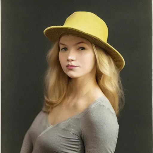 Prompt: portrait of 2 0 - year - old woman with angle lost profile looking away, medium yellow blond hair, character with a hat, hair comes out of the hat a little