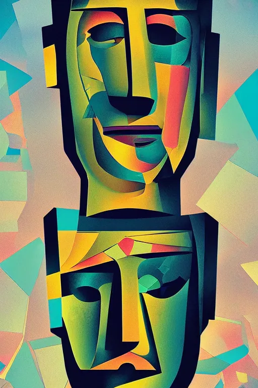 Image similar to cubist moai statue cutout digital illustration cartoon colorful beeple