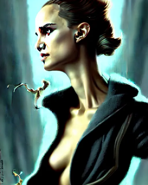 Image similar to beautiful fantasy character portrait, natalie portman, wearing oversized black trench coat, ultra realistic, wide angle, dramatic lighting, vultures, very seductive pose, cyberpunk artifacts, highly detailed by peter mohrbacher, hajime sorayama, wayne barlowe, boris vallejo, aaron horkey, gaston bussiere, craig mullins