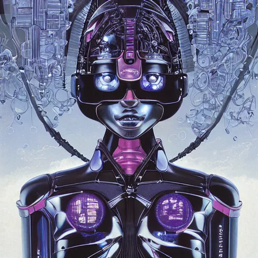 Image similar to portrait closeup of black glossy woman mecha, symmetrical, by yoichi hatakenaka, masamune shirow, josan gonzales and dan mumford, ayami kojima, takato yamamoto, barclay shaw, karol bak, yukito kishiro, moebius