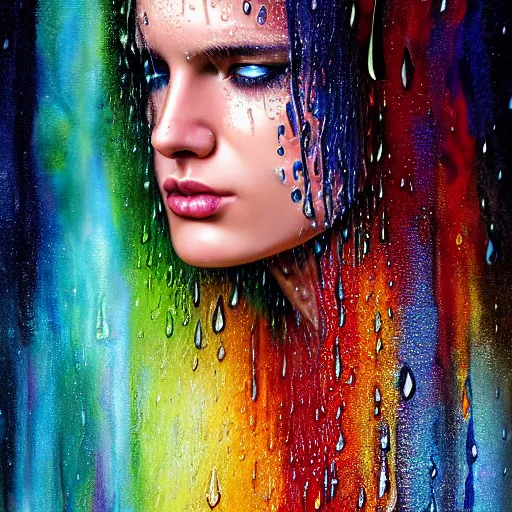 Prompt: dramatic portrait of revelation in uniquely colored rain with wet hair and face, liquid drops, epiphany, bliss, fantasy, intricate, elegant, dramatic lighting, highly detailed, lifelike, photorealistic, digital painting, artstation, concept art, smooth, sharp focus, illustration, art by John Collier and Albert Aublet and Krenz Cushart and Artem Demura and Alphonse Mucha