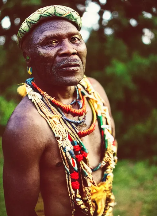 Prompt: analogue photo of an Igbo tribal chief, 35mm, f/1.4, Golden Hour light, photo shot my Martha Cooper,