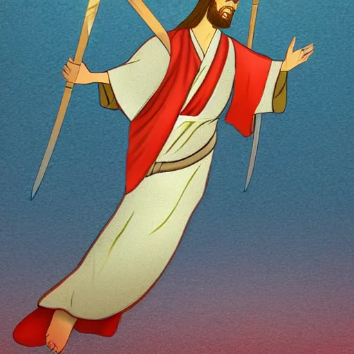 Prompt: jesus in a kimono swinging his sword and making a fire wave on the hill, artistic, hyper realistic, full hd, good lights