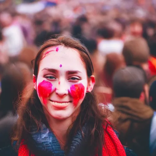 Prompt: a ultra high resolution close - up of a beautiful young woman standing in crowd of psytrance music festival, looking down at the camera. her face is partially obscured by a red scarf, and she has a smiling expression. the light is dim, and the colours are muted. kodak etkar 1 0 0