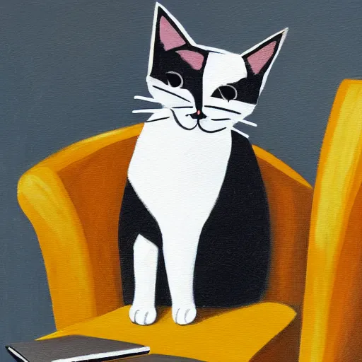 Image similar to painting of a cat in a business suit, sitting in a chair and using a laptop