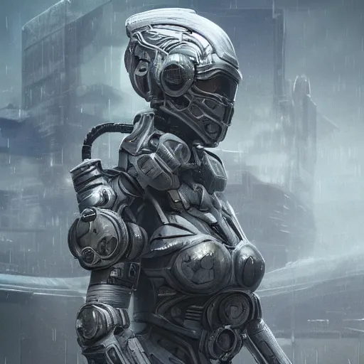 Image similar to ultra realist and ultra intricate detailed soft painting of a beautiful sci-fi armored female, from the waist up, sci-fi helmet, symmetry features, sensual gloomy style, volumetric clouds, cyberpunk burning building background, artstation, unreal render, depth of field