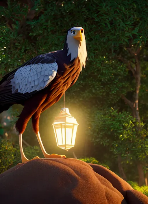 Image similar to 🦅, disney, pixar, 8 k, hd, dof, kodak film, volumetric lighting, subsurface scattering, photorealistic, octane render, details