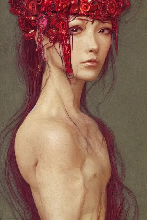 Prompt: portrait of beautiful young mainem, warhammer, japan style, cyberpunk armor, a lot of scars, more and more flowers, red head, the middle ages, highly detailed, artstation, illustration, art by jean delville, 8 k quality