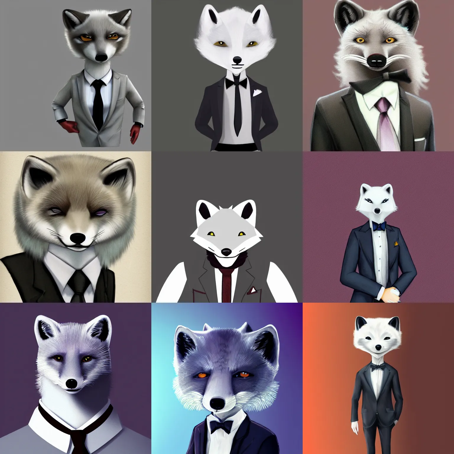 Prompt: A smug anthro arctic fox in a suit and tie, handsome, artstation