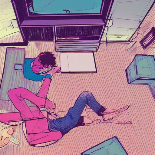 Image similar to aerial view photo of a guy laying on the floor of his bedroom looking at the camera, synthwave colors, computer, cell phone, video games, tv, knick knacks, faded effect, scribble anime, light, bright, no shadows, by moebius