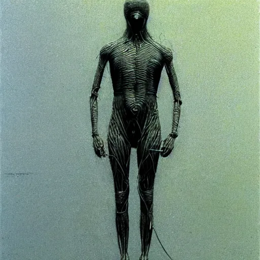Prompt: a man made of wire, by beksinski and wayne barlowe,