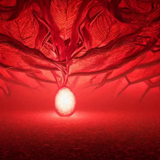 Prompt: Large red roots and thick red vines covering a giant red glowing egg and the entire room, dark red background, digital art, trending on artstation