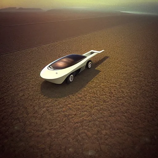 Image similar to “realistic photo, solar car hovering off a futuristic landscape”