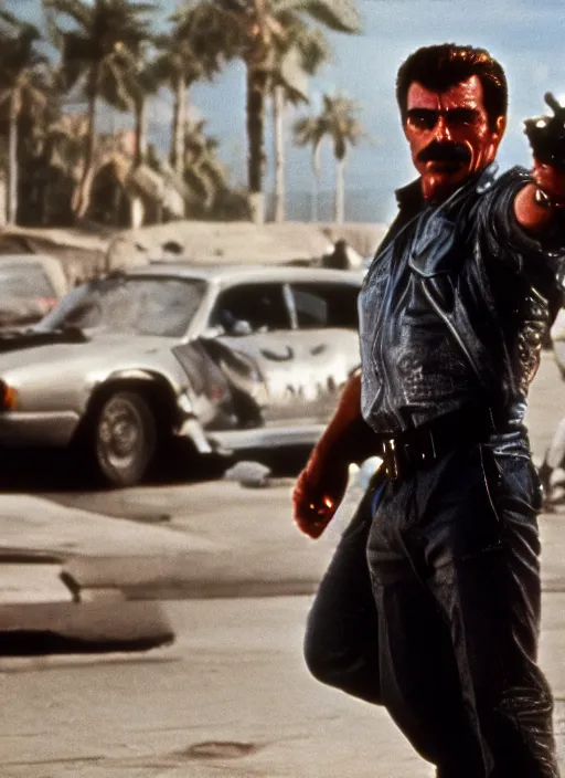 Image similar to film still of tom selleck as the terminator in terminator, 4 k