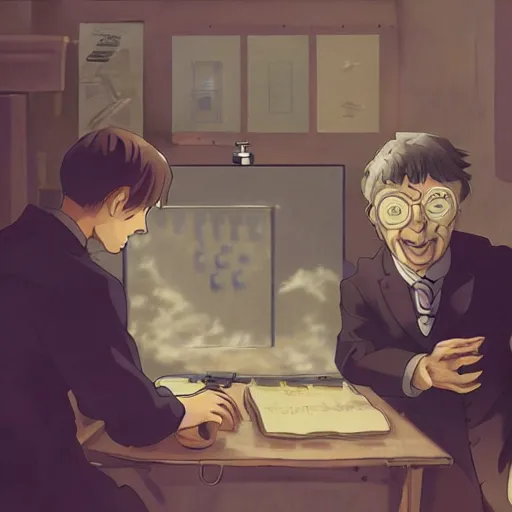 Image similar to inside the workshop with alan turing cracking the enigma with the help of albert einstein, anime!!!, artstation