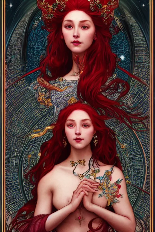 Image similar to a full body tarot card of the red haired tjocc empress of eternity, space, universe, portrait, highly detailed, deep focus, elegant, digital painting, smooth, sharp focus, illustration, ultra realistic, 8 k, art by artgerm and alphonse mucha