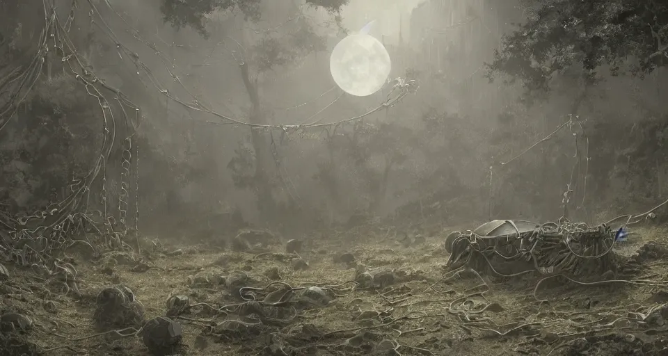 Image similar to craig mullins and ghibli digital art of the vine walls, the moonlight pouring from the top, the atmosphere is ghostly, the bronze coffin in the middle, dragged by chains. color gray depression, moderate gray ， unreal engine, hyper realism, realistic shading, cinematic composition, realistic render, octane render, detailed textures, photorealistic, wide shot