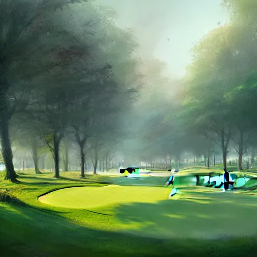 Image similar to Concept art, beautiful painting of a golf course in the midst of metropolis city, green spaces, 8k, Jeremy Cheung, greg rutkowski, artstation