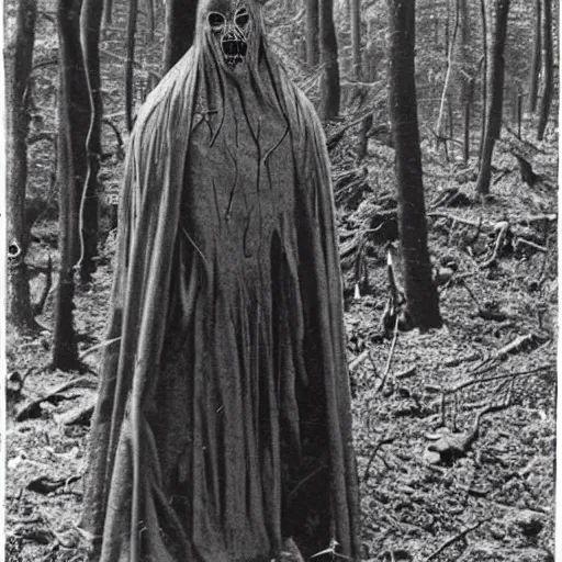 Prompt: scary unproportionally tall ghost creature in the woods, 1910s picture