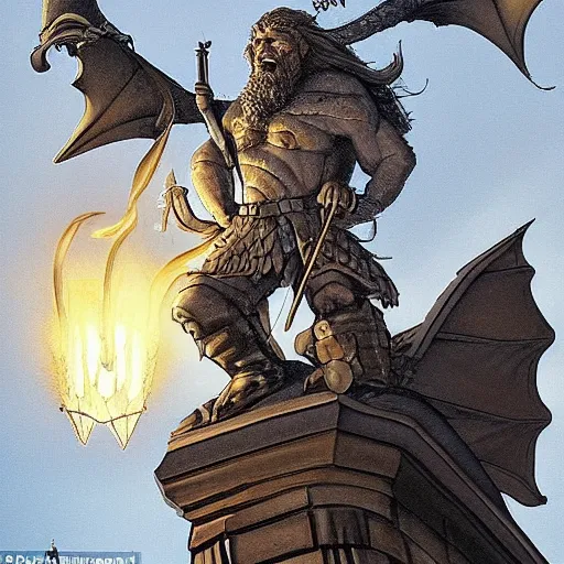 Image similar to a viking flies aboard a dragon over the white house, in his hands he holds the severed head of donald trump