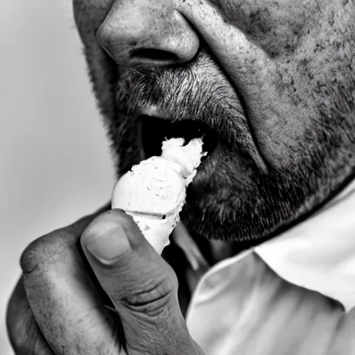 Image similar to a man crying his eye's out, snot dribbling out of his nose, because his ice cream cone is tiny. photograph.