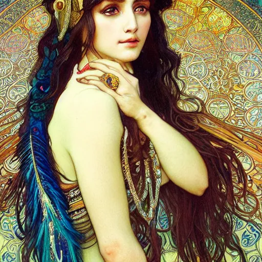Prompt: realistic detailed face portrait of Cleopatra with beautiful peacock feathers in her hair by Alphonse Mucha, Ayami Kojima, Amano, Charlie Bowater, Karol Bak, Greg Hildebrandt, Jean Delville, and Mark Brooks, Art Nouveau, Neo-Gothic, gothic, rich deep moody colors