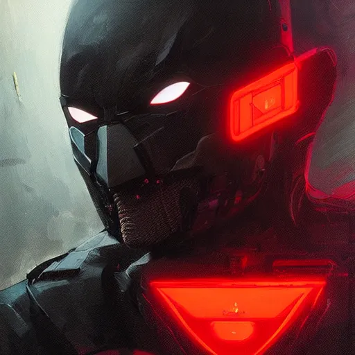 Prompt: cyberpunk batman with fullface mask, red logo, moody, futuristic, city background, brush strokes, oil painting, greg rutkowski