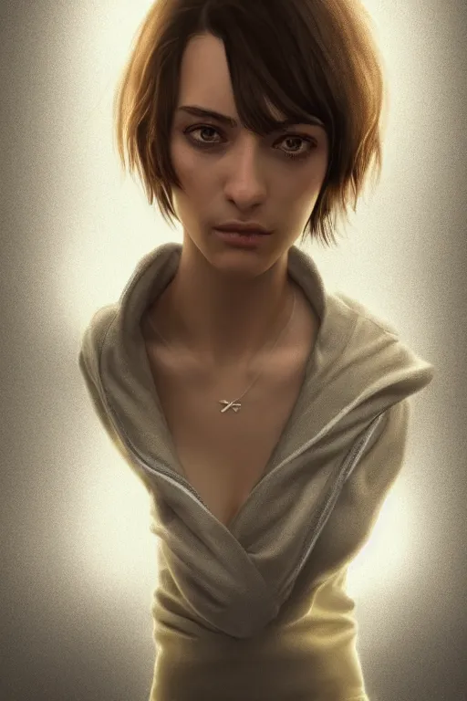 Prompt: shy, short brown hair arab spanish young woman, beige hoodie, cinematic lighting, hyper-detailed, cgsociety, trending on artstation, high resolution, 8k, high resolution in the style of Elena Masci, by John Samuel Agar