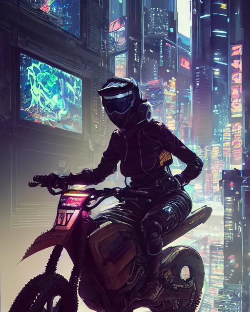 Image similar to koyto animation girl wearing cyberpunk intricate streetwear riding dirt bike, respirator, detailed portrait, cell shaded, 4 k, concept art, by wlop, ilya kuvshinov, artgerm, krenz cushart, greg rutkowski, pixiv. cinematic dramatic atmosphere, sharp focus, volumetric lighting, cinematic lighting, studio quality