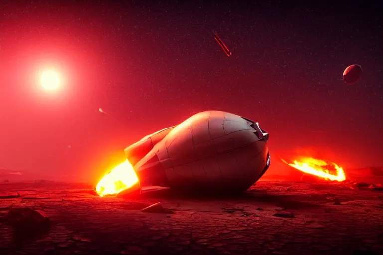 Image similar to crashed spaceship on fire. the spaceship is on a desert world planet. The atmosphere is full with raining debris. There are three moons in the sky, and one shooting star in the background. Dramatic lighting. hyper-realistic photo artistic trending on artstation beautiful scenic octane render reddish hue highly detailed, 8k, epic composition