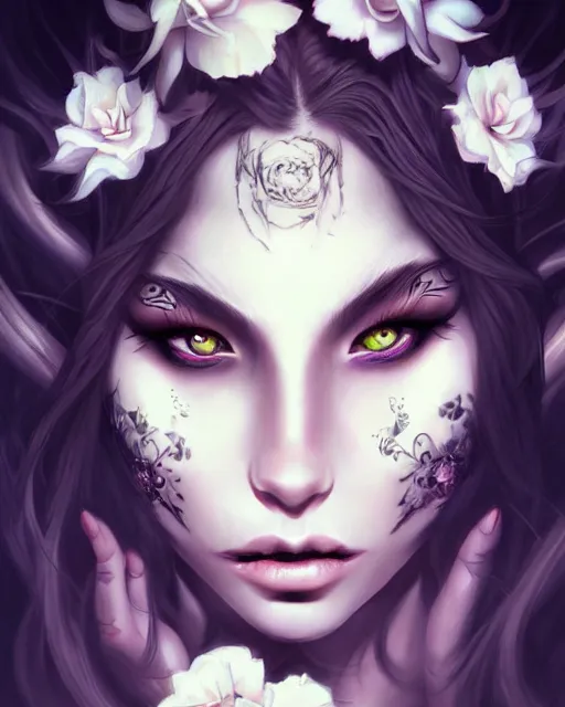 Prompt: Celestial mafia princess with flower face tattoos, fierce expression, dark fantasy portrait by Artgerm, artstation, noir, highly detailed, smoke, art nouveau, radiant light