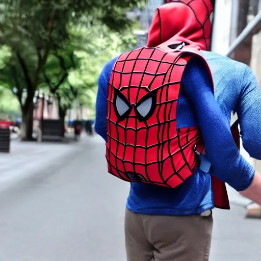 Image similar to Spiderman wearing backpack ,mellow , dramatic, sad ambience