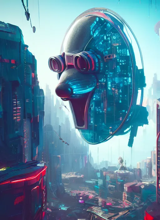 Image similar to giant destroyed cyberpunk mickey mouse head in netflix office, by beeple, golden ratio, cyberpunk, futuristic, sci - fi, octane render, unreal engine 5, trending on artstation, 8 k