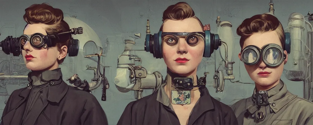 Prompt: vintage illustration 3 / 4 portrait of stoic tattooed heroic emotionless butch blonde woman engineer with short slicked - back hair, wearing victorian goggles, awkward and uncomfortable and anxious, dynamic composition by sachin teng and sergey kolesov and ron cobb. industrial space program, scifi, hyper detailed. octane render. concept art. trending on artstation