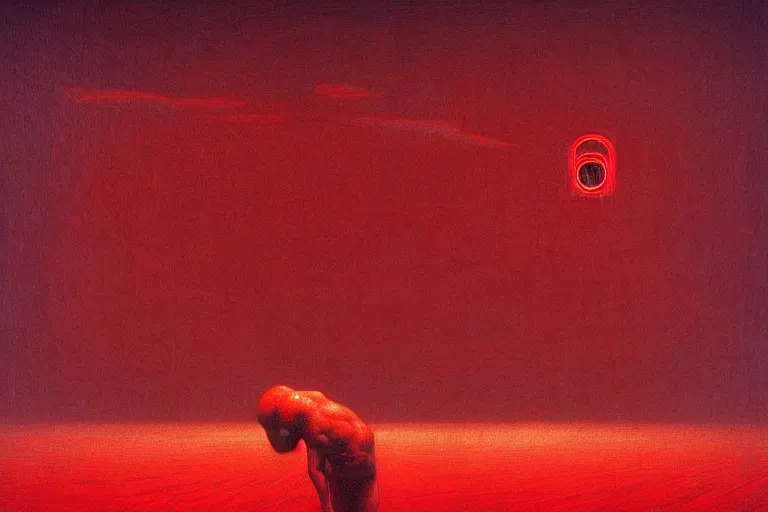 Image similar to only with red, a red god of death eat apple, a futuristic city on mars in background, floor are worms, in the style of beksinski, part by hopper, part by rodcenko, part by hofbauer, intricate composition, red by caravaggio, insanely quality, highly detailed, masterpiece, red light, artstation