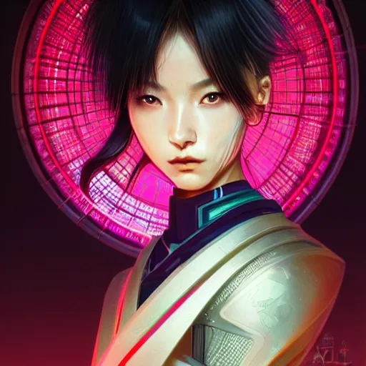 Image similar to portrait futuristic Samurai Girl, in future cyberpunk tokyo rooftop , ssci-fi, fantasy, intricate, very very beautiful, elegant, human anatomy, neon light, highly detailed, digital painting, artstation, concept art, smooth, sharp focus, illustration, art by tian zi and WLOP and alphonse mucha