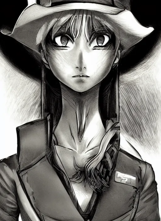 Image similar to a portrait one person, complexity, global lighting, detail, ultra sharpness, beautiful female sheriff body from games yoshihiro togashi style, big eyes, plump lips, a gunshot, global lighting, western saloon theme, detailed faces, blank faces, style by cain kuga, cowboy bebop art style