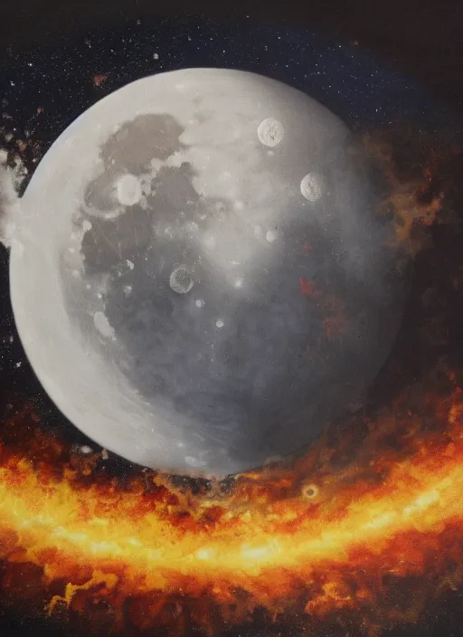 Prompt: painting of the moon colliding with earth and exploding